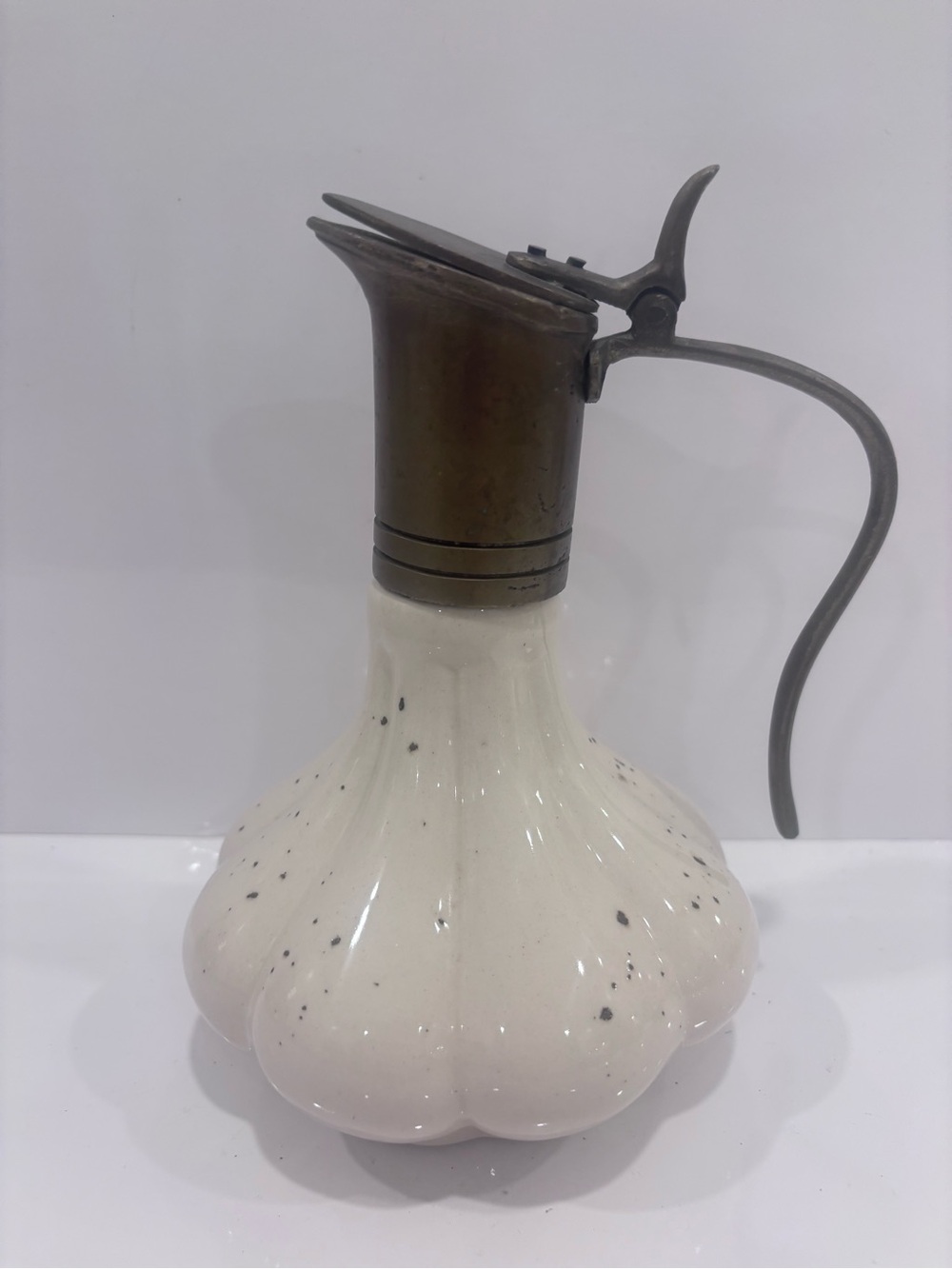 Vintage Speckled ceramic olive oil cruet bottle antiqued brass flip top pour
